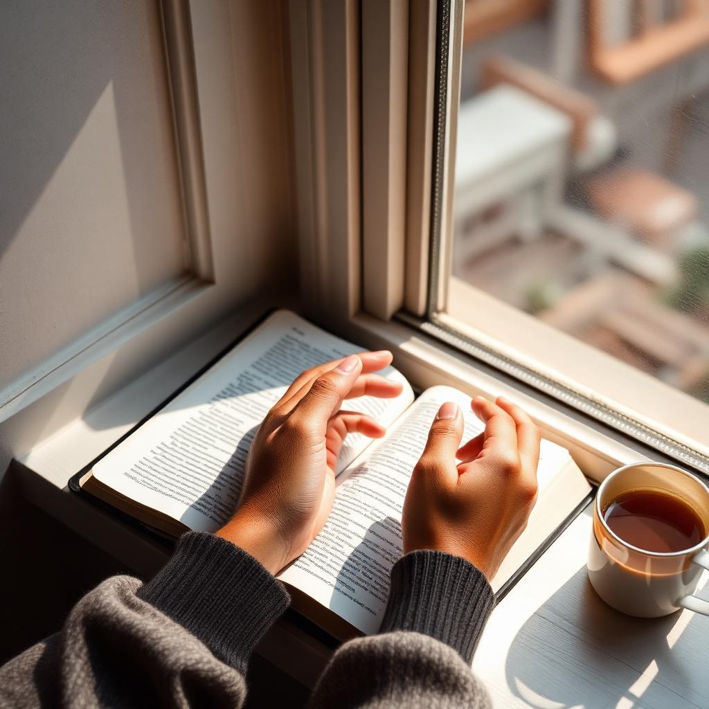 Hands resting on an open Bible by a sunlit window, symbolizing daily devotional reading