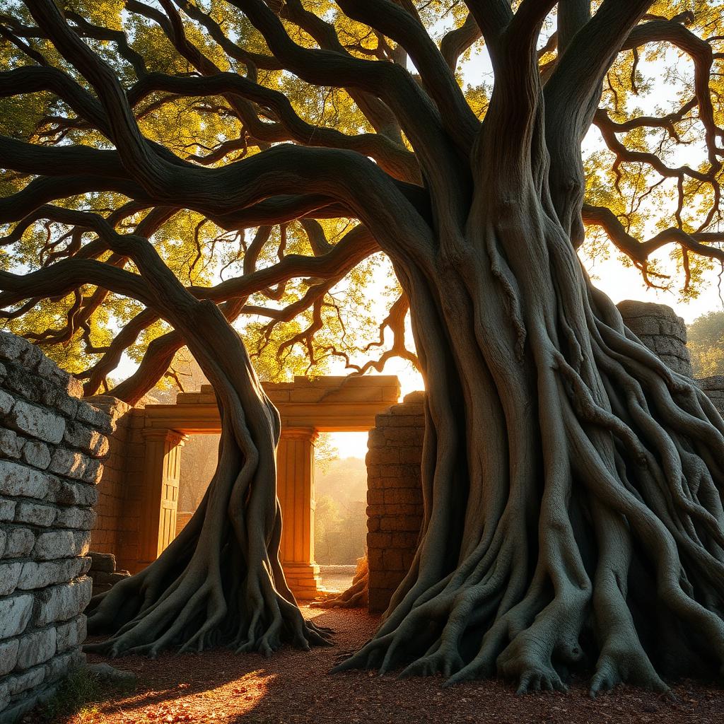 Ancient oak tree roots among stone ruins, symbolizing the deep roots of the Old Testament
